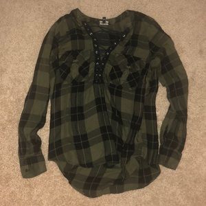 Lace up plaid long sleeve